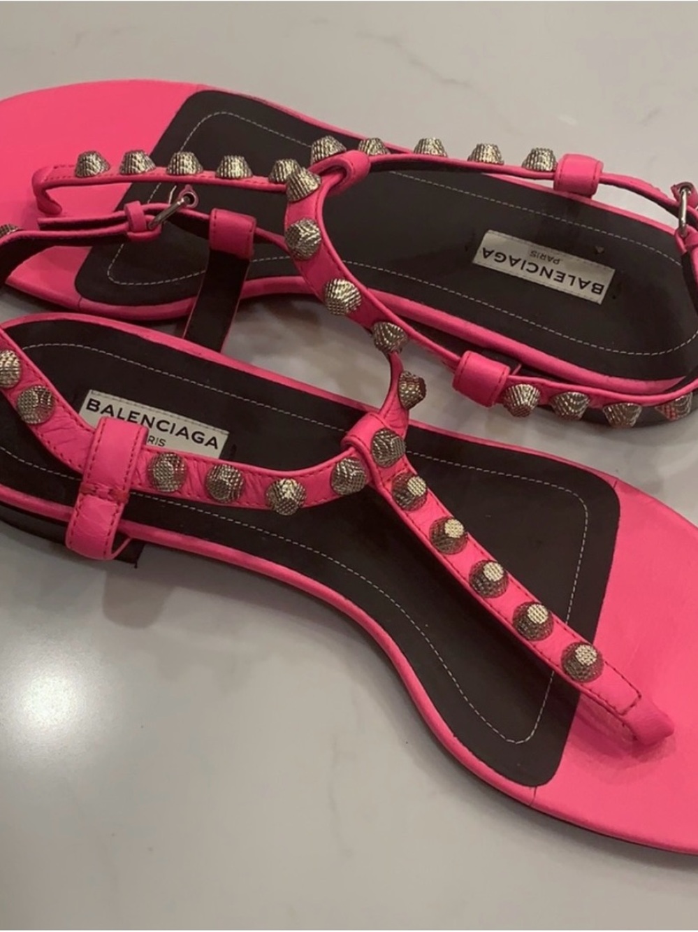 Brand New/Unworn Balenciaga Neon Pink Stud-Embellished T-Strap Sandals 38.5